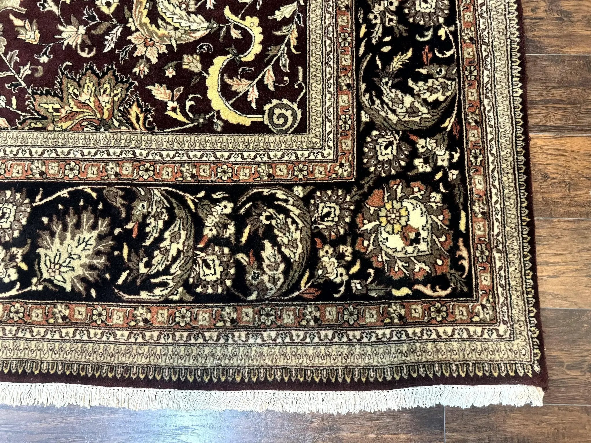 Indo Persian Rug 10x14, Floral Allover, Handmade Vintage Wool Rug, Dark Maroon/Plum and Black by Jewel Rugs