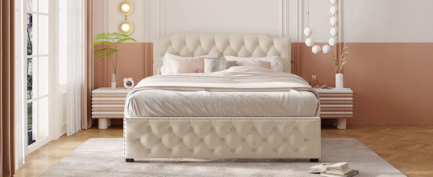 Upholstered Platform Bed With 2 Drawers And 2 Sets Of USB Ports On Each Side, Fabric by HouseOfZazla