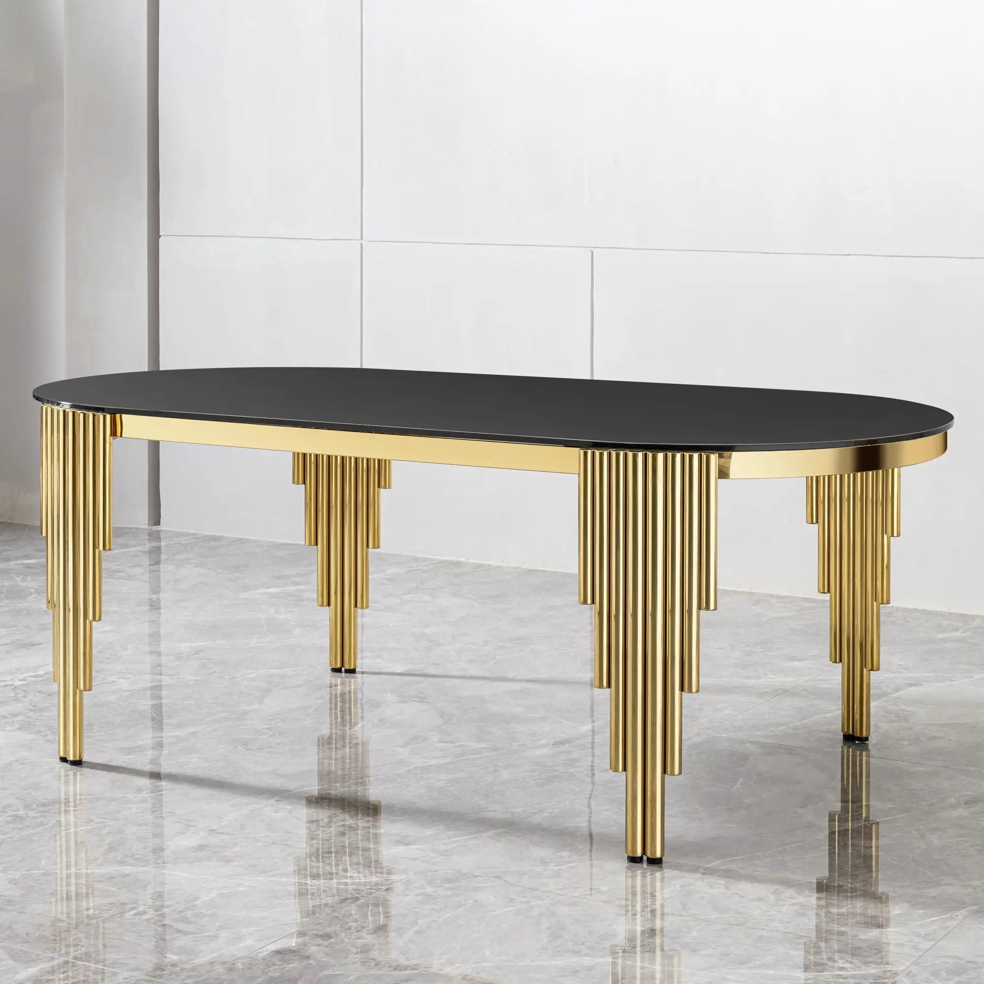 Oval Dining Table With Glass Top And Stainless Steel Base by Unique Piece Furniture