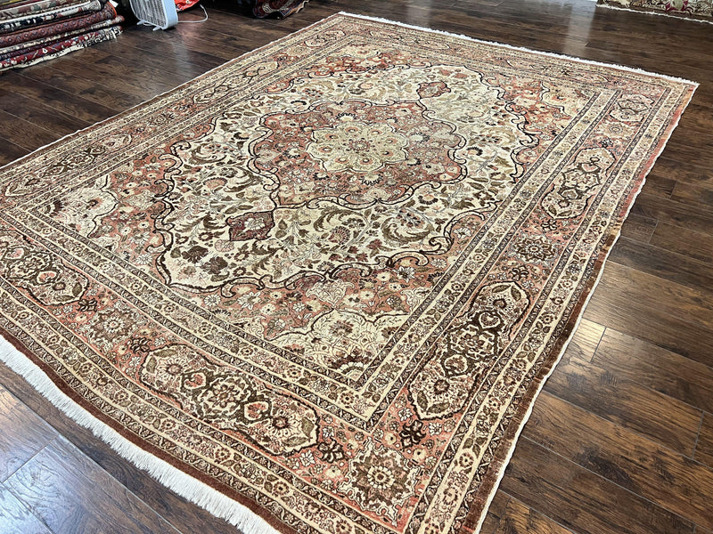 Antique Persian Tabriz Rug 10x12, Wool Hand Knotted Oriental Carpet, Beige Light Red, Floral Medallion by Jewel Rugs