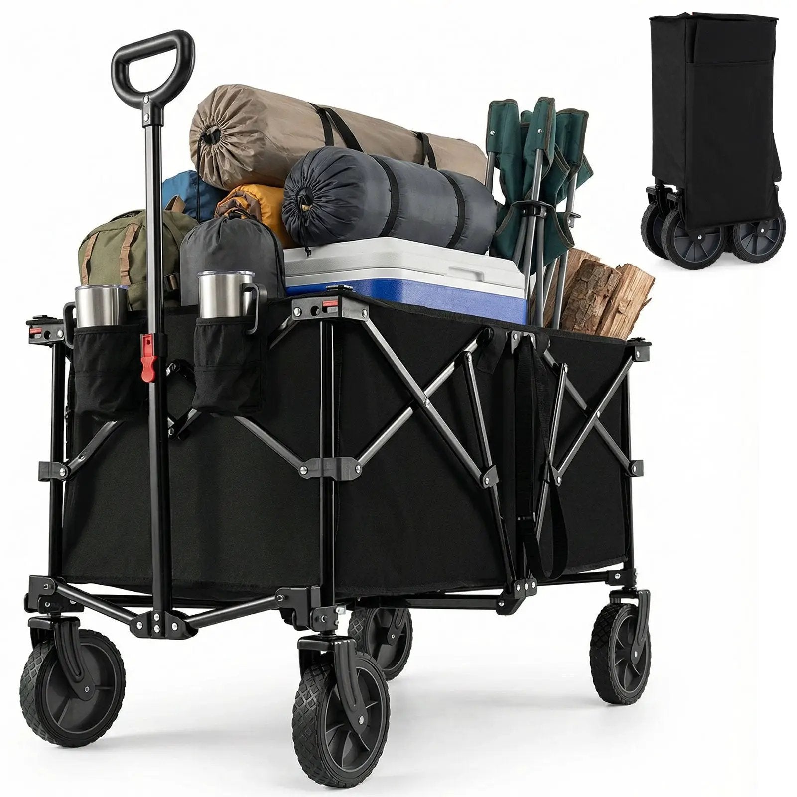 38 Inch 400 LBS Heavy-Duty Collapsible Wagon Cart with Adjustable Handle for Camping Garden-Black by DirectDeals