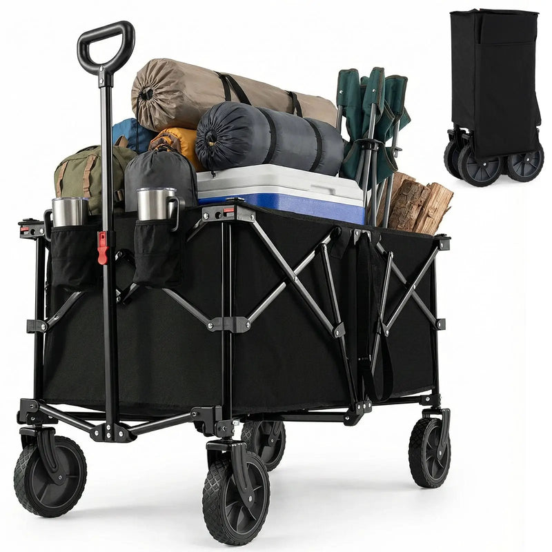 38 Inch 400 LBS Heavy-Duty Collapsible Wagon Cart with Adjustable Handle for Camping Garden-Black by DirectDeals