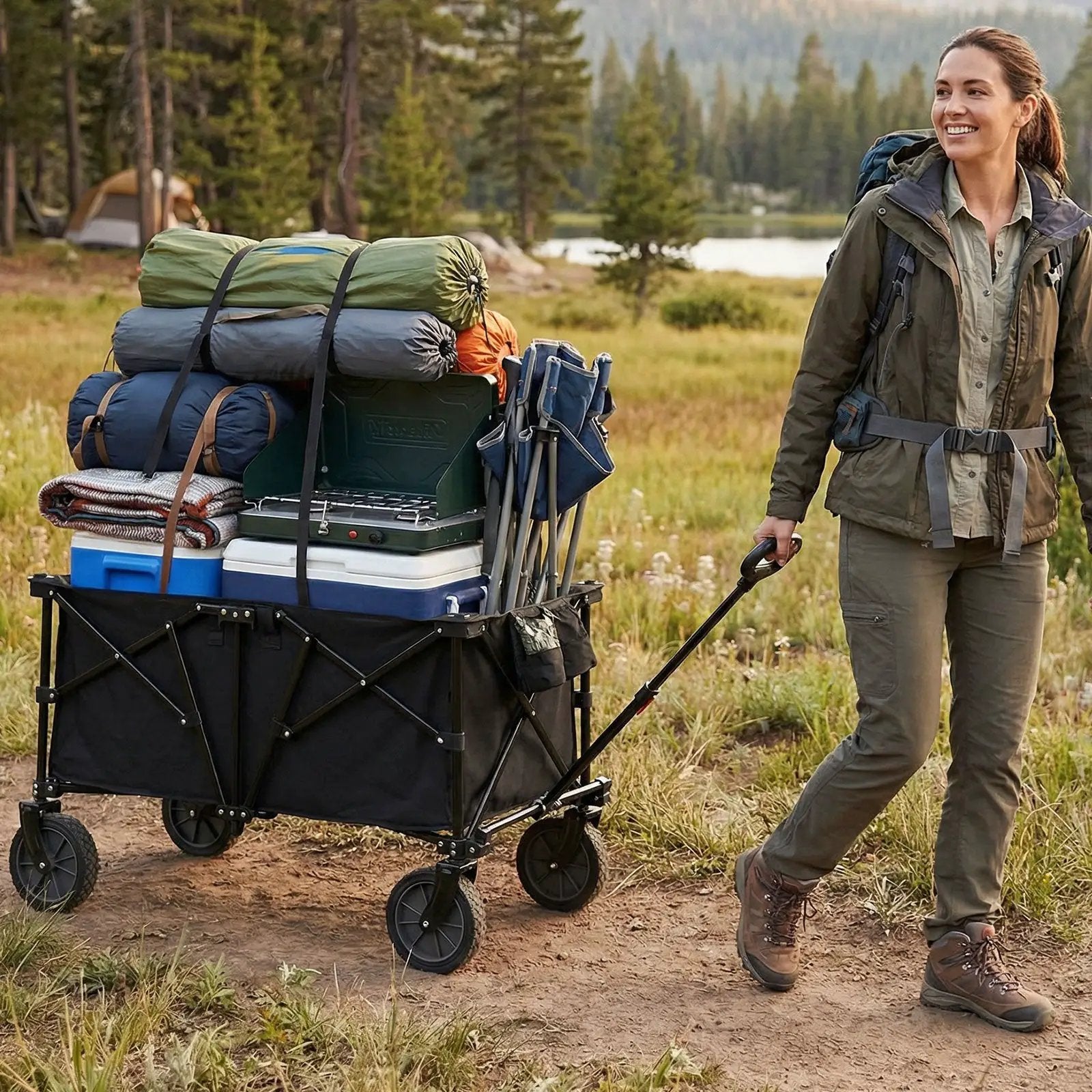 38 Inch 400 LBS Heavy-Duty Collapsible Wagon Cart with Adjustable Handle for Camping Garden-Black by DirectDeals