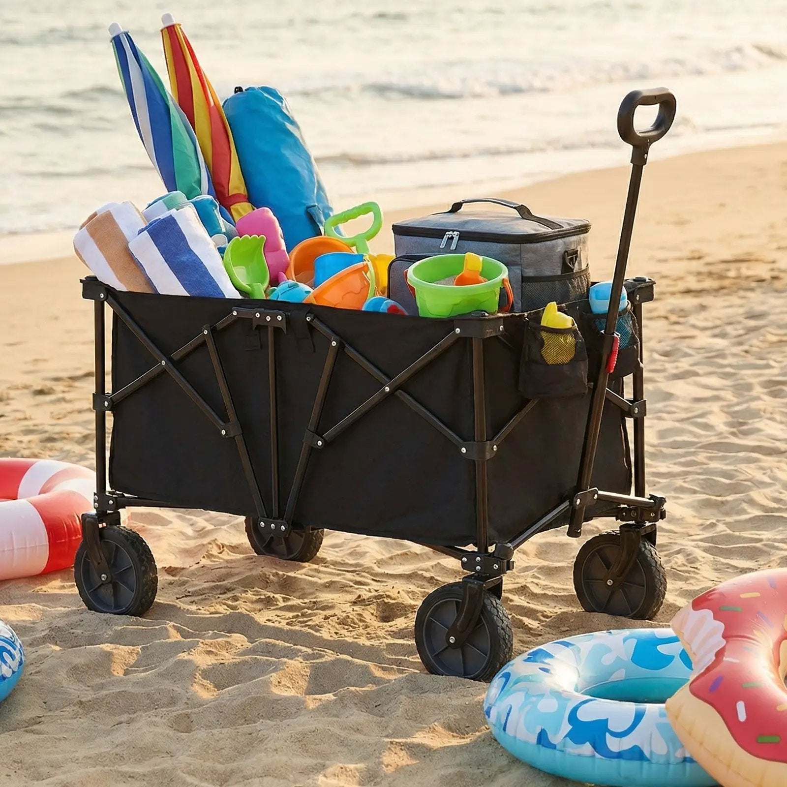 38 Inch 400 LBS Heavy-Duty Collapsible Wagon Cart with Adjustable Handle for Camping Garden-Black by DirectDeals