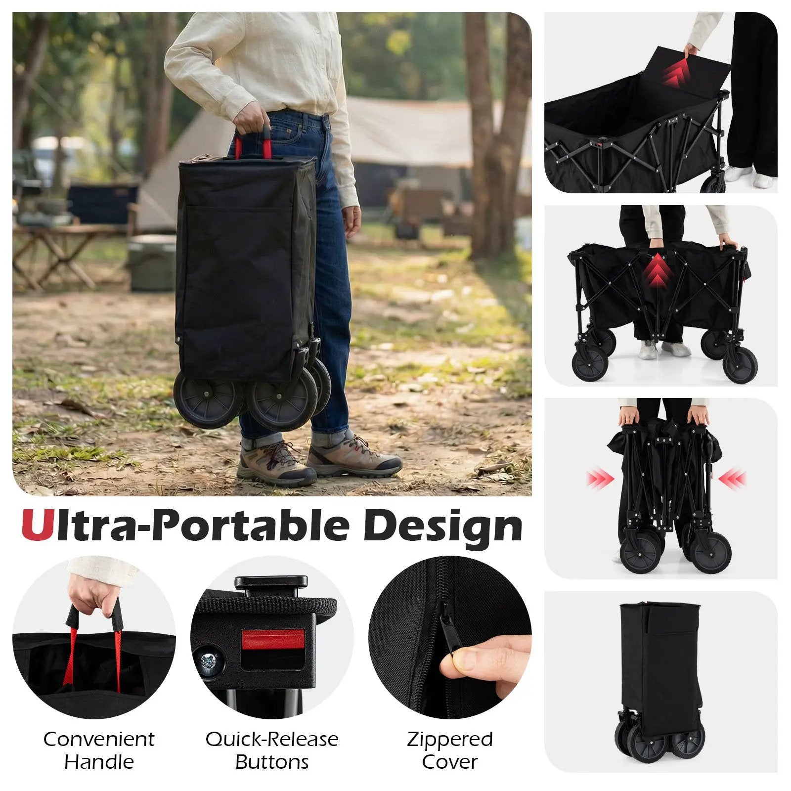 38 Inch 400 LBS Heavy-Duty Collapsible Wagon Cart with Adjustable Handle for Camping Garden-Black by DirectDeals