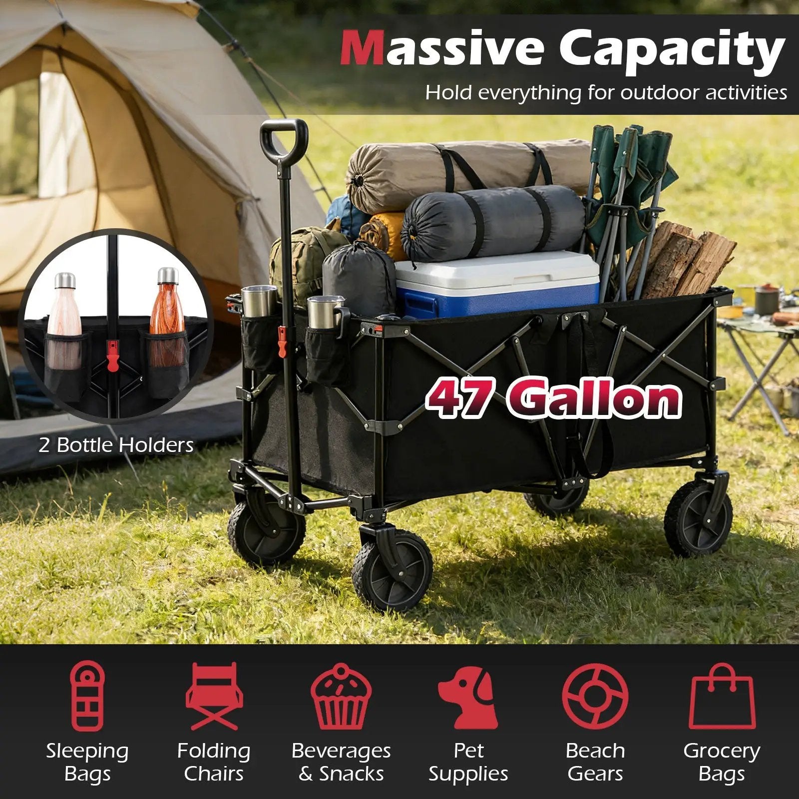 38 Inch 400 LBS Heavy-Duty Collapsible Wagon Cart with Adjustable Handle for Camping Garden-Black by DirectDeals