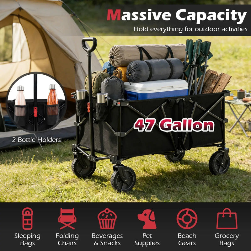 38 Inch 400 LBS Heavy-Duty Collapsible Wagon Cart with Adjustable Handle for Camping Garden-Black by DirectDeals