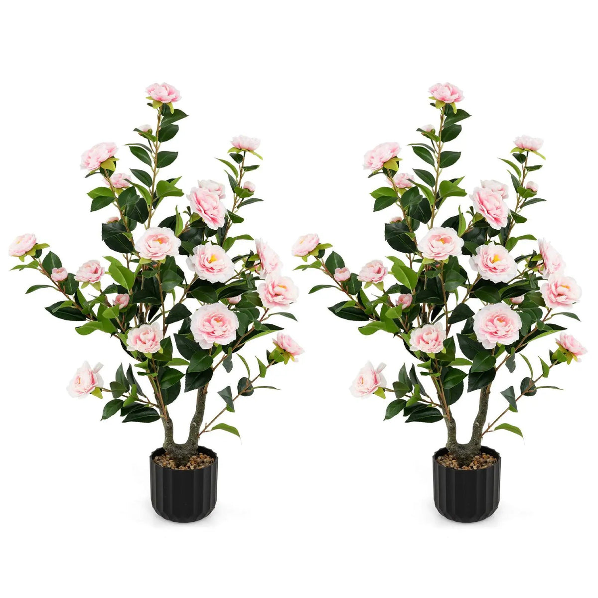 38 Inch Artificial Camellia Tree Faux Flower Plant in Cement Pot 2 Pack, photo 9 of 11