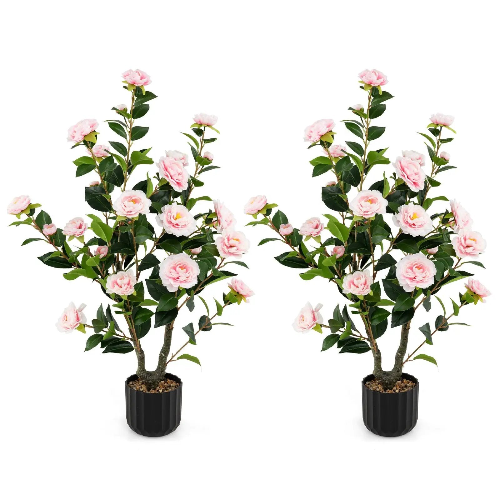 38 Inch Artificial Camellia Tree Faux Flower Plant in Cement Pot 2 Pack by DirectDeals