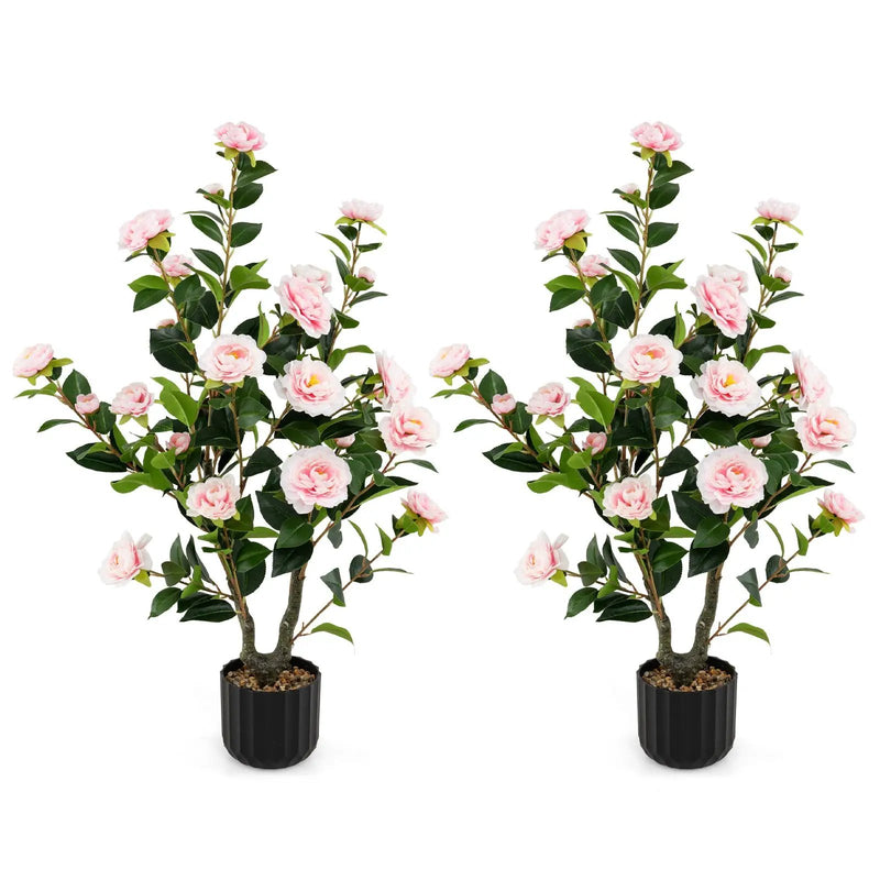 38 Inch Artificial Camellia Tree Faux Flower Plant in Cement Pot 2 Pack by DirectDeals