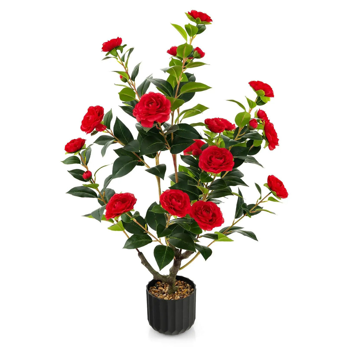 38 Inch Artificial Camellia Tree Faux Flower Plant in Cement Pot, photo 3 of 11