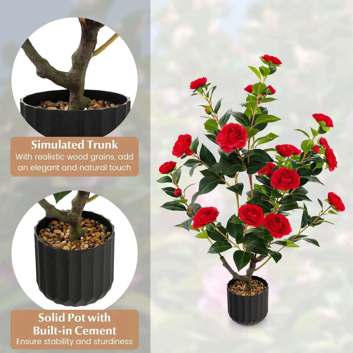38 Inch Artificial Camellia Tree Faux Flower Plant in Cement Pot, photo 6 of 11