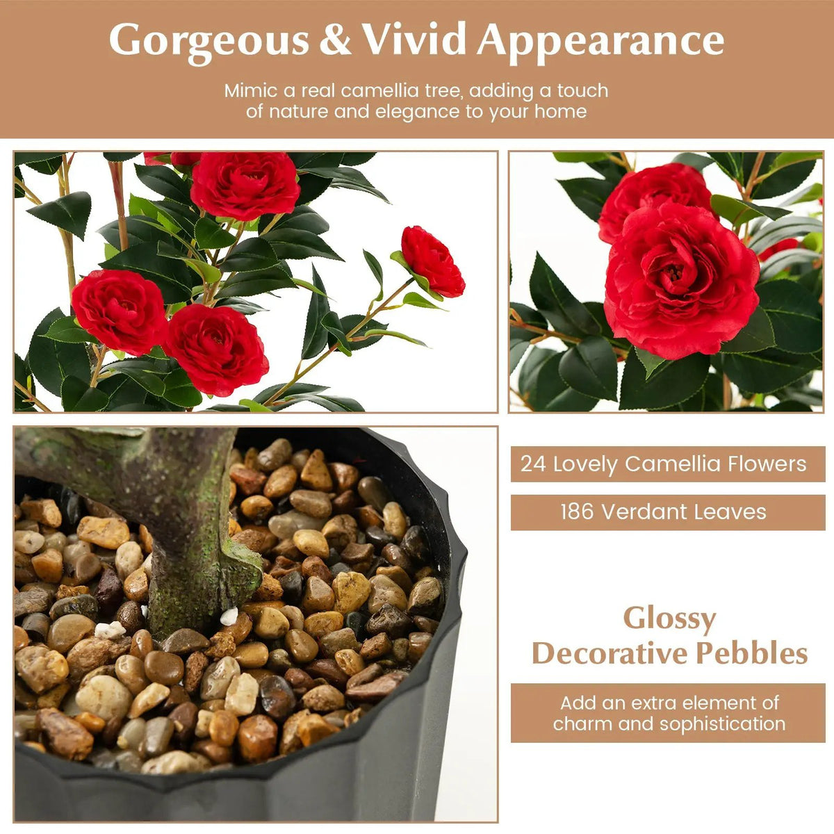 38 Inch Artificial Camellia Tree Faux Flower Plant in Cement Pot, photo 7 of 11