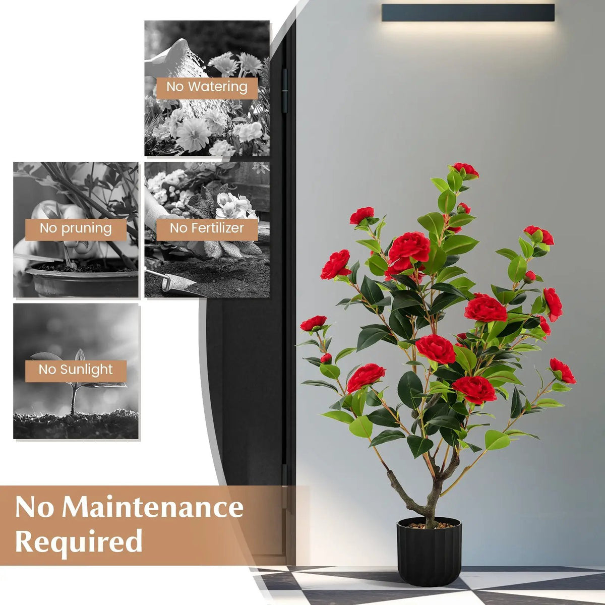 38 Inch Artificial Camellia Tree Faux Flower Plant in Cement Pot, photo 8 of 11