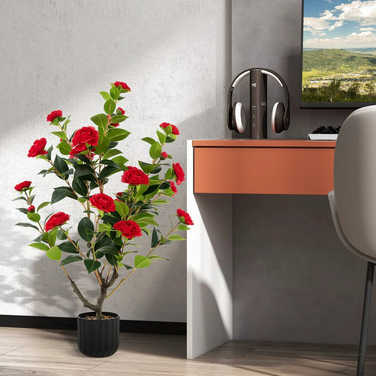 38 Inch Artificial Camellia Tree Faux Flower Plant in Cement Pot 2 Pack, photo 6 of 11
