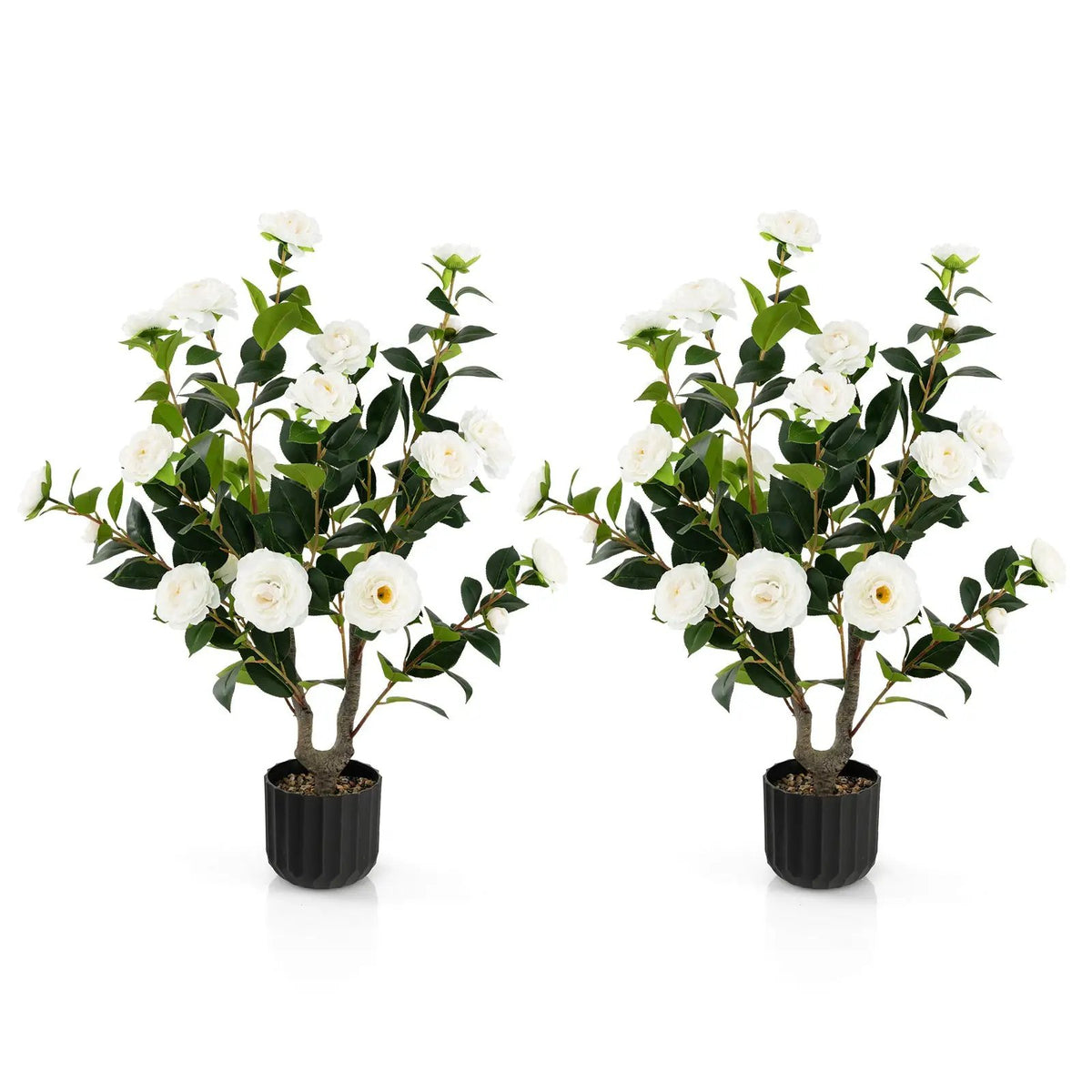 38 Inch Artificial Camellia Tree Faux Flower Plant in Cement Pot 2 Pack, photo 10 of 11