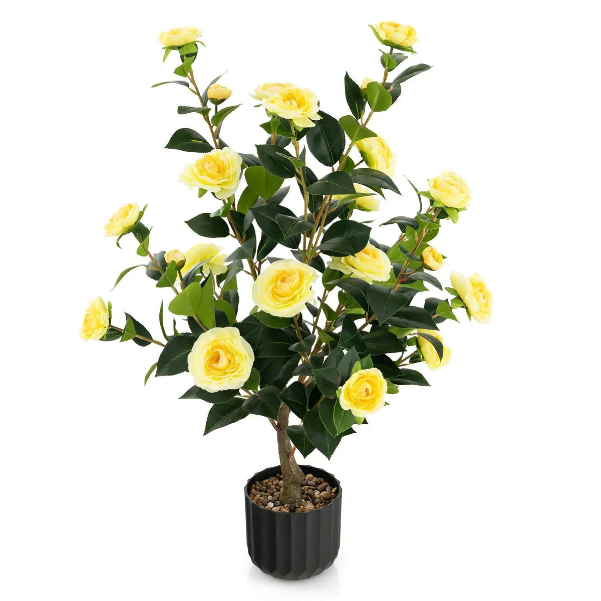 38 Inch Artificial Camellia Tree Faux Flower Plant in Cement Pot, photo 11 of 11