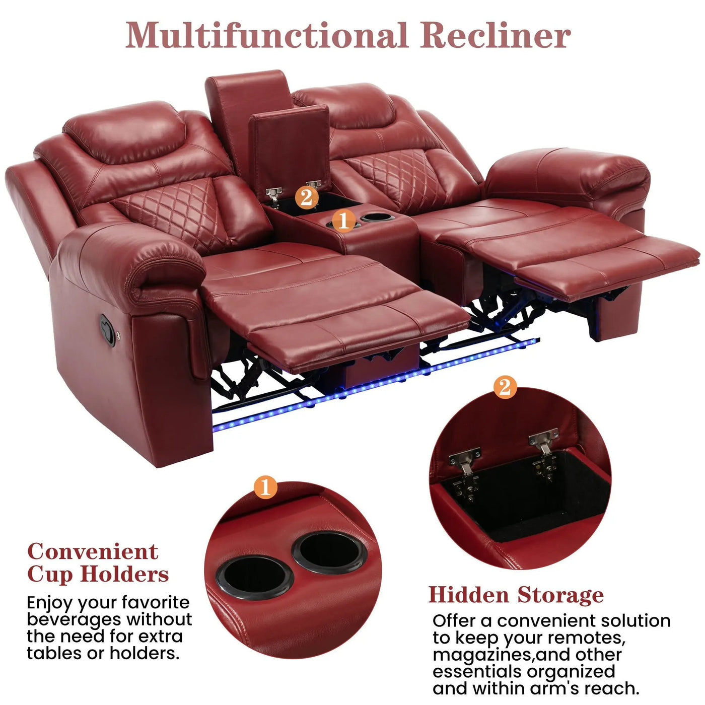 3 Pieces Recliner Sofa Sets Home Theater Seating Manual Recliner Chair With Center Console And LED Light Strip For Living Room by Unique Piece Furniture