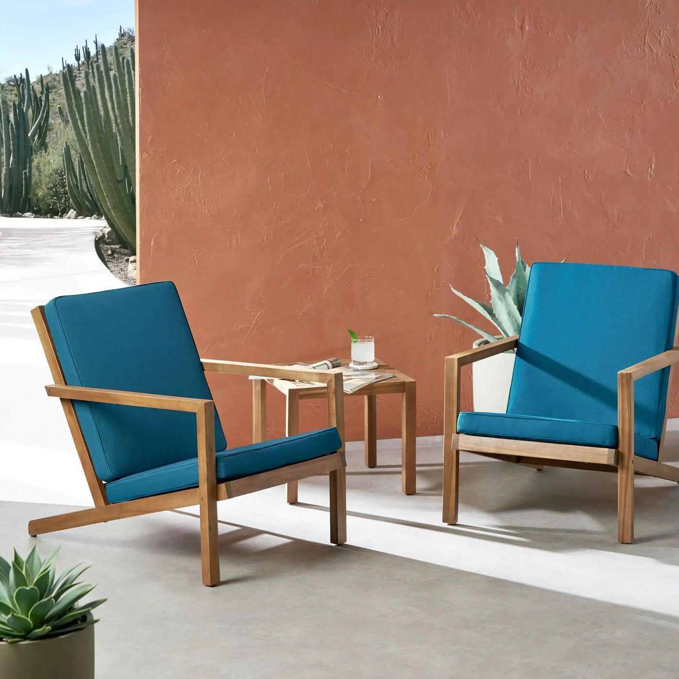 Celestaria 3-Piece Outdoor Chat Set with Adirondack Chairs, Cushions and Side Table by HouseOfZazla
