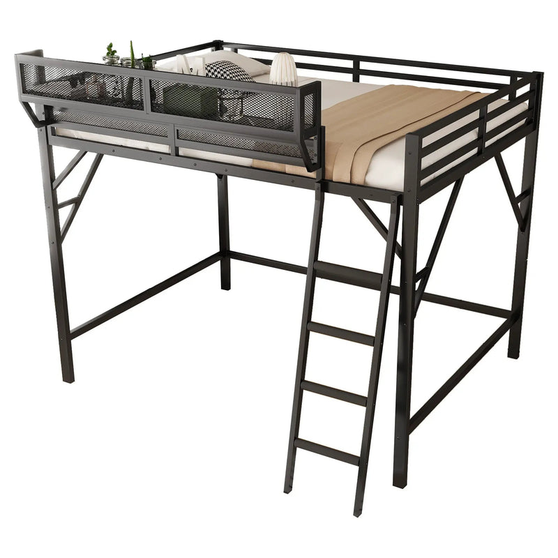 Full Size Loft Bed with Ladder and Storage Shelves by HouseOfZazla