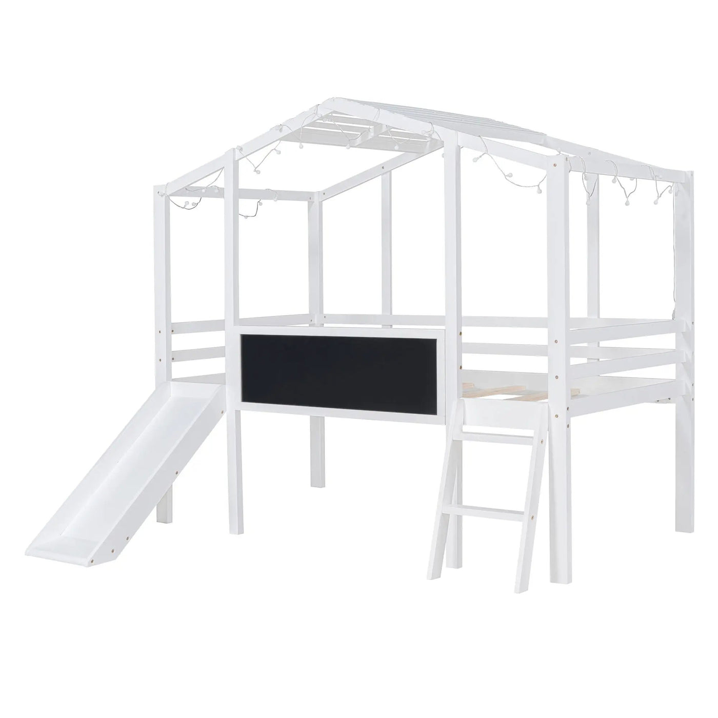 Loft House Bed With Ladder And Slide, With board And Light Strip On The Roof by Unique Piece Furniture