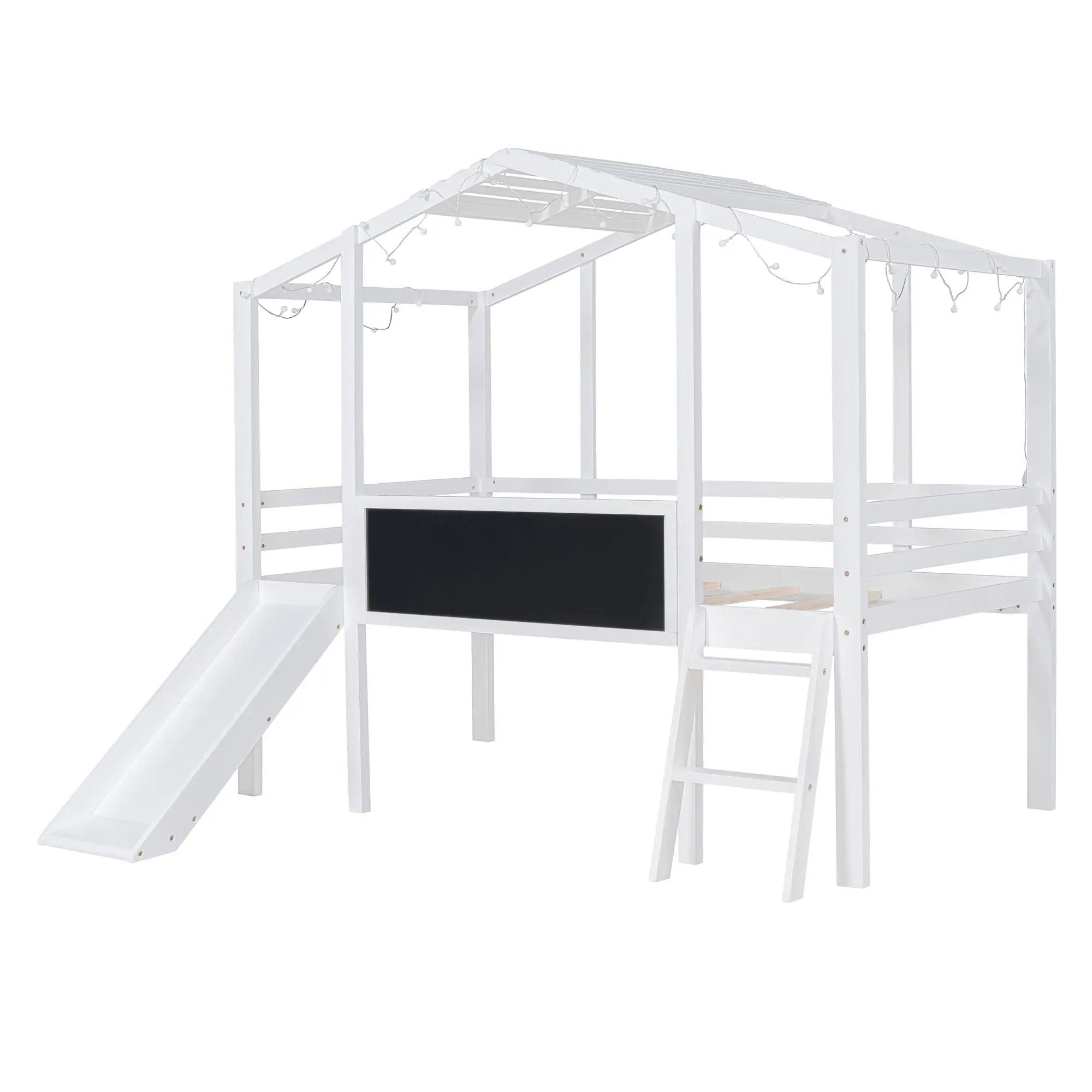 Loft House Bed With Ladder And Slide, With board And Light Strip On The Roof by Unique Piece Furniture