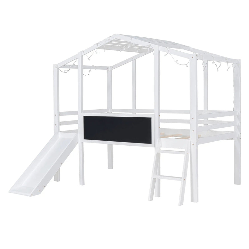 Loft House Bed With Ladder And Slide, With board And Light Strip On The Roof by Unique Piece Furniture
