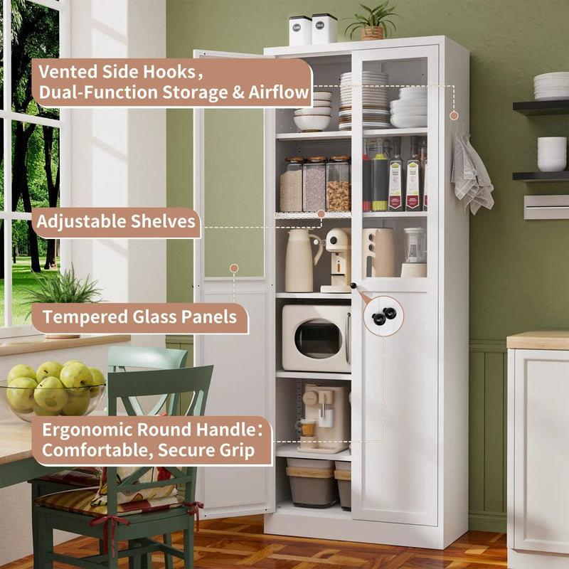 Tall Metal Kitchen Pantry Cabinet With Adjustable Shelves And Silent Magnetic Doors - White by Unique Piece Furniture