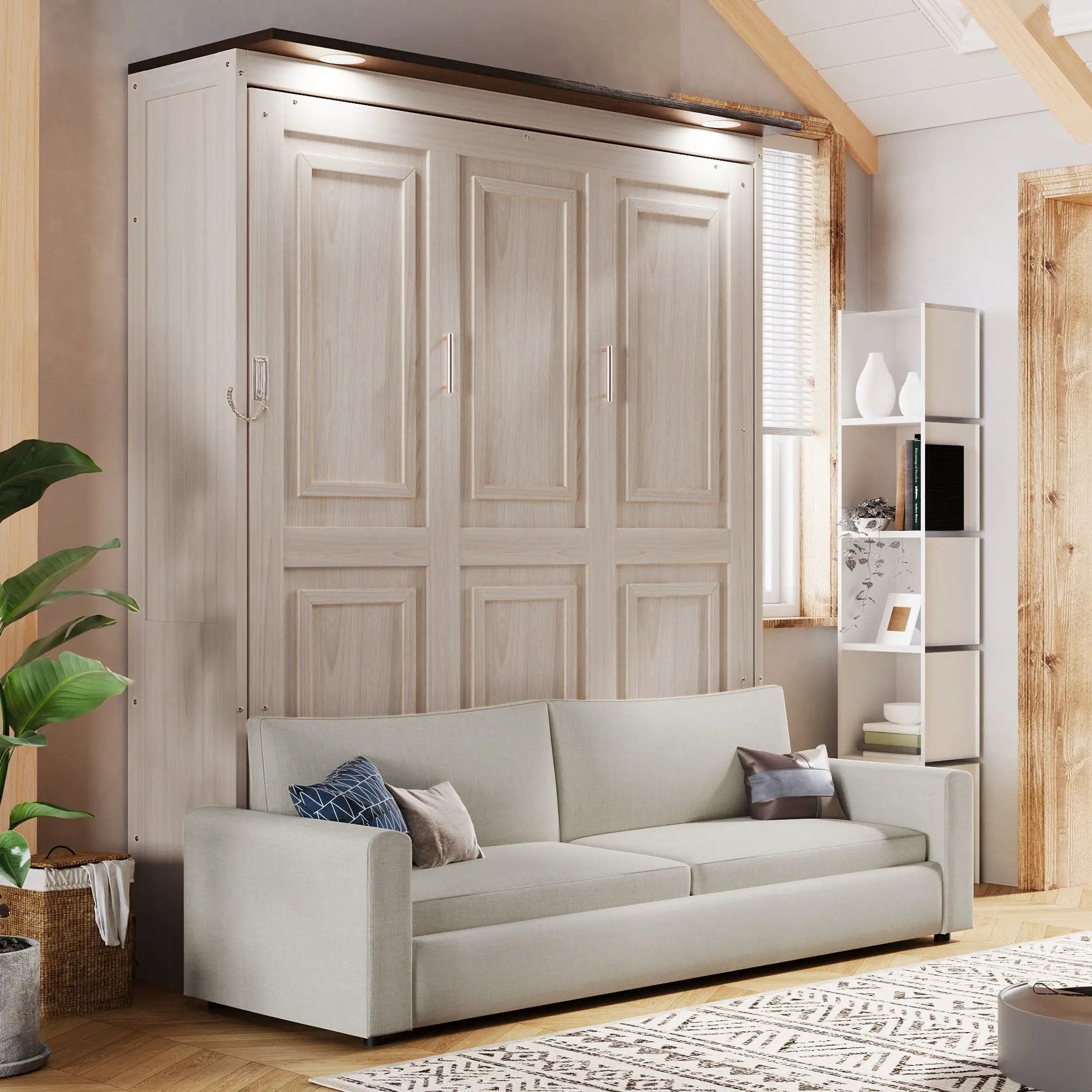 Queen Size Murphy Bed With Sofa And LED - Beige by HouseOfZazla