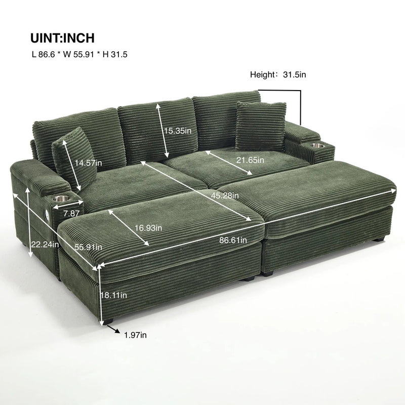 Convertible Sectional Sofa Bed Set With Armrest Storage, Cup Holder, USB, 4 Seater - Green by Unique Piece Furniture