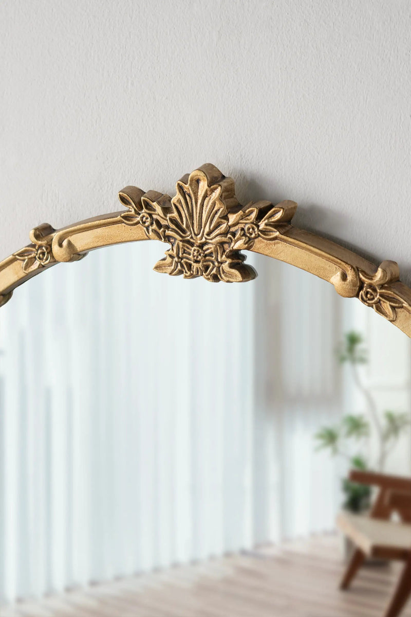 30x31" Round Wall Mirror with Gold Finish and Decorative Leaf Crest by HouseOfZazla