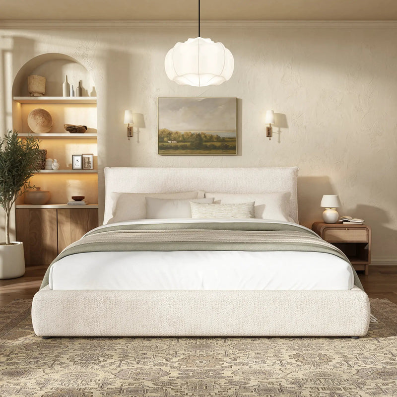 Upholstered Platform Bed Frame with Oversized Plush Pillow Headboard by HouseOfZazla