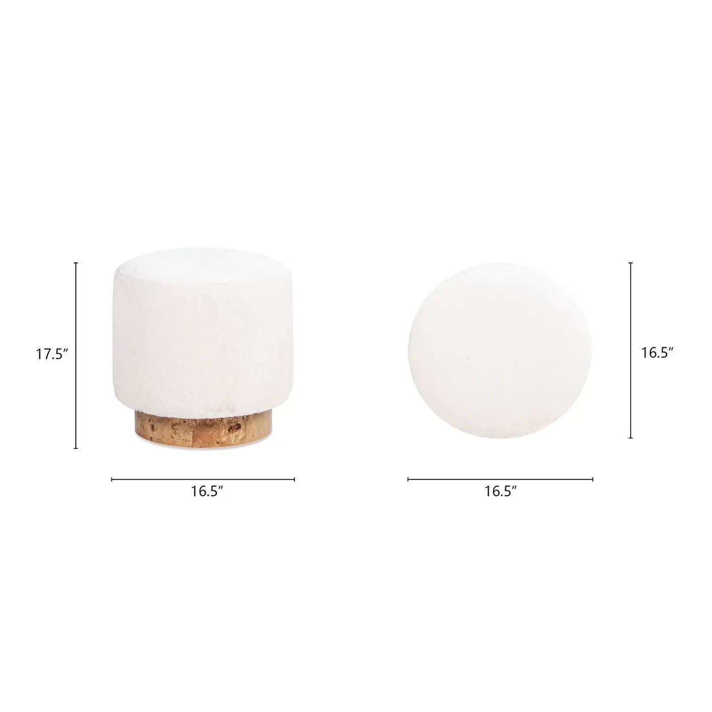 Tilly - Round Fur Upholstered / Burl Pouf Ottoman - White by HouseOfZazla
