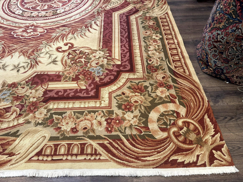 Large Aubusson Rug 10x13, Thick Flatweave Carpet, Elegant European Design, Cream and Raspberry by Jewel Rugs