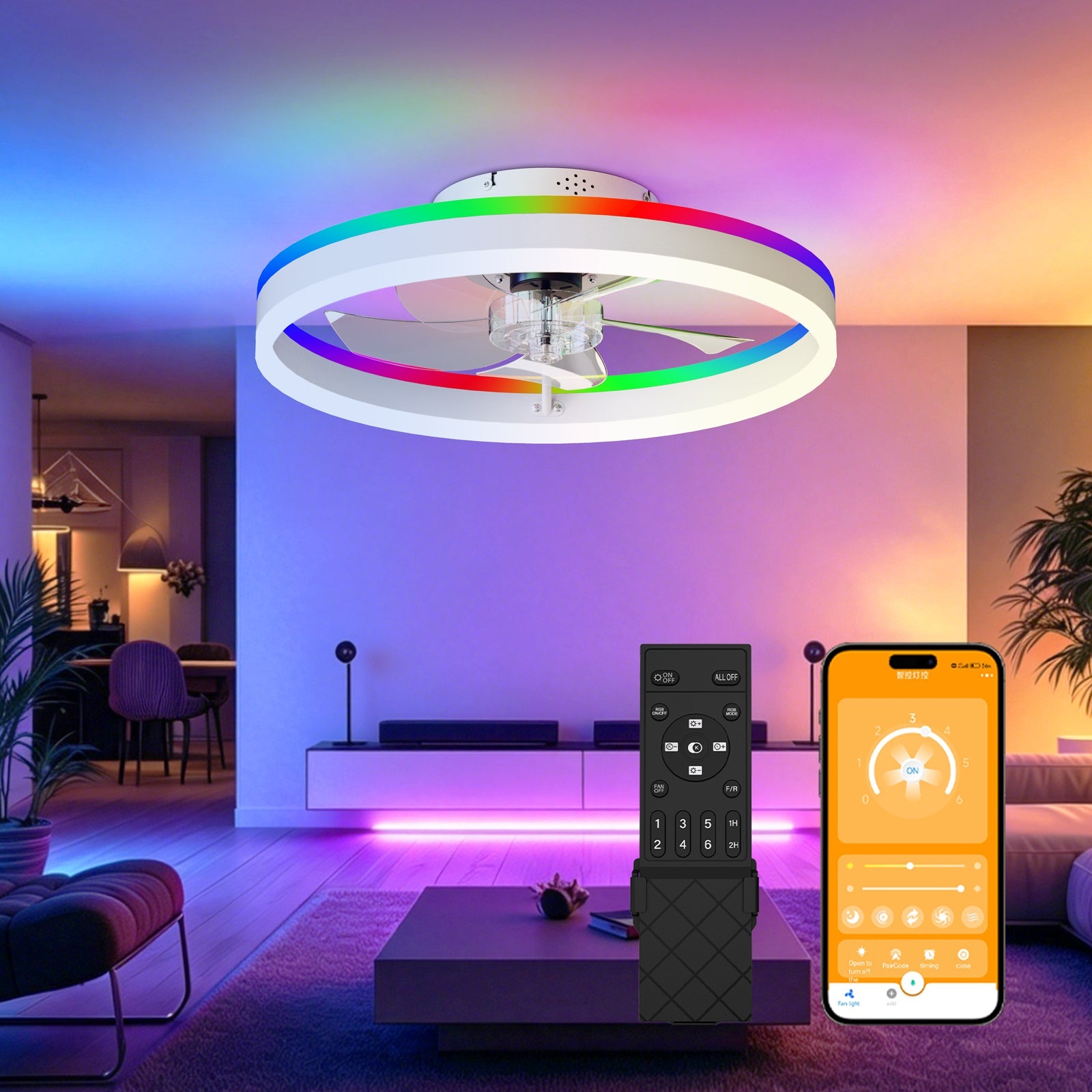 19.7" RGB Flush Mount Ceiling Fan with Light for Bedroom by HouseOfZazla