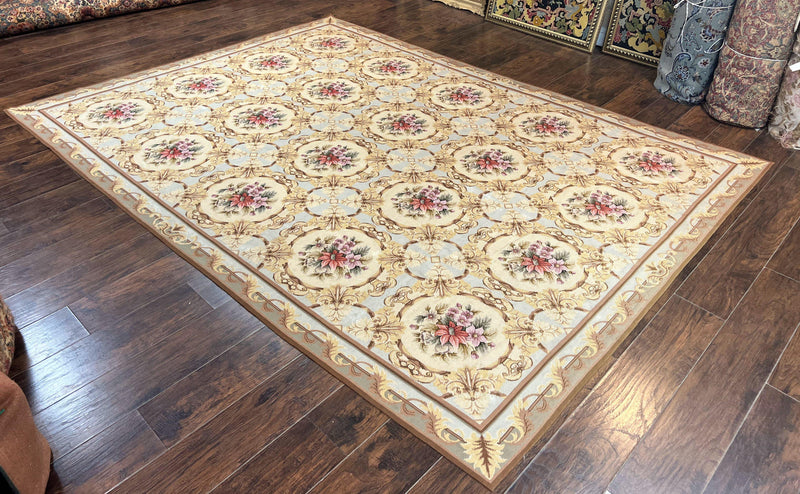 Chinese Needlepoint Rug 8x11, Handmade Wool Needlepoint Carpet, Vintage, Sky Blue by Jewel Rugs