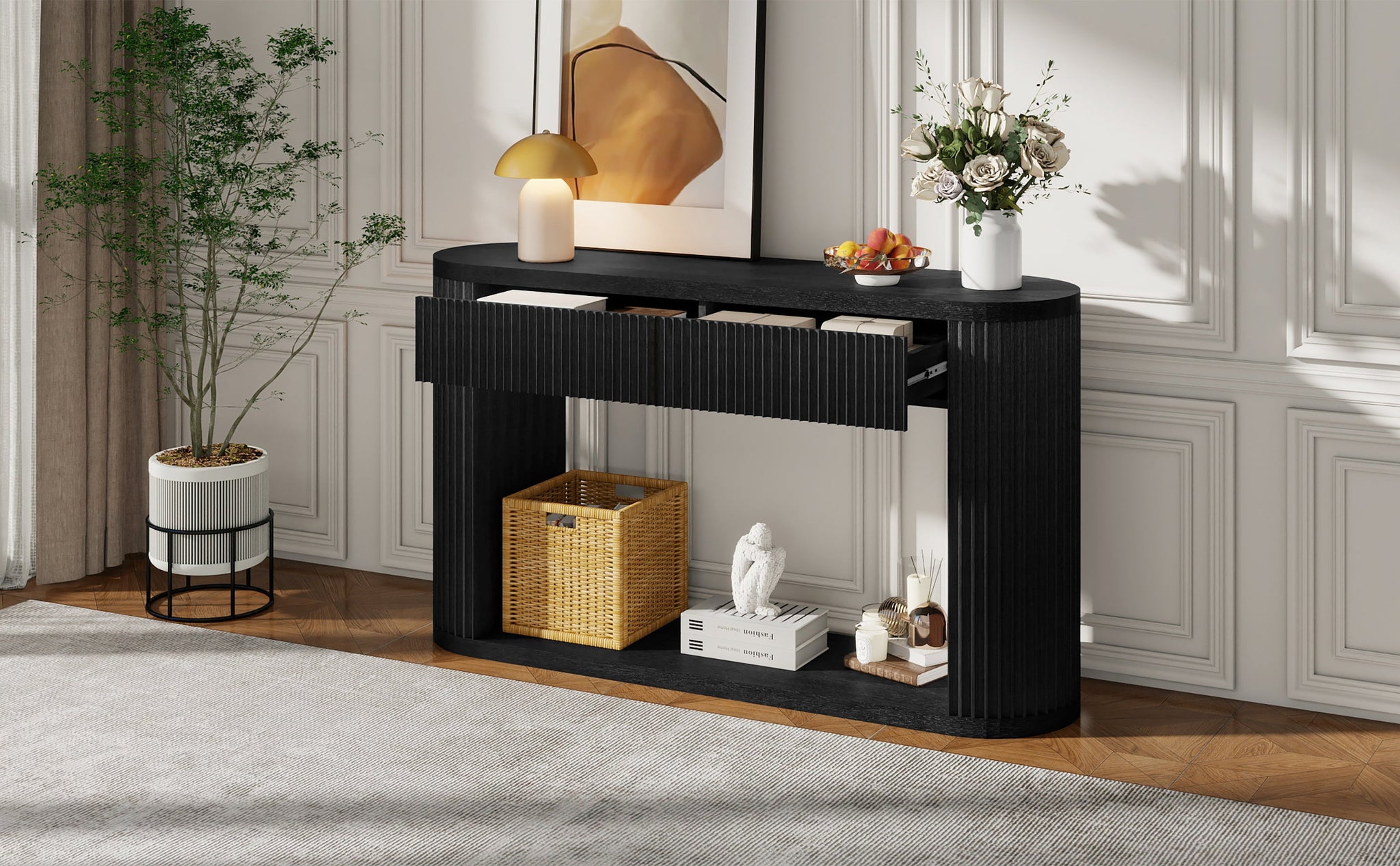 TREXM Oval Fluted Console Table with 2 Drawers and Bottom Shelf by HouseOfZazla