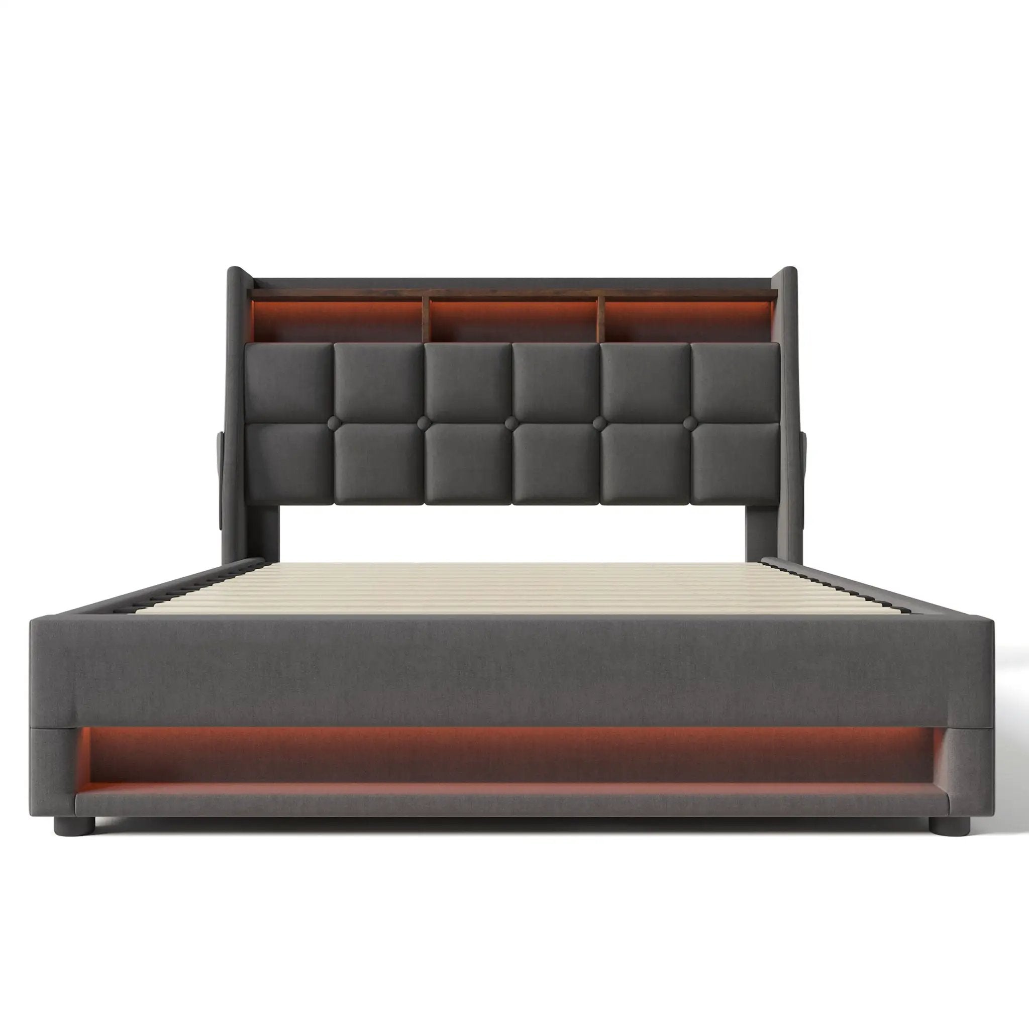 Platform Bed With Hydraulic Storage, LED Lighting & Charging Station by HouseOfZazla