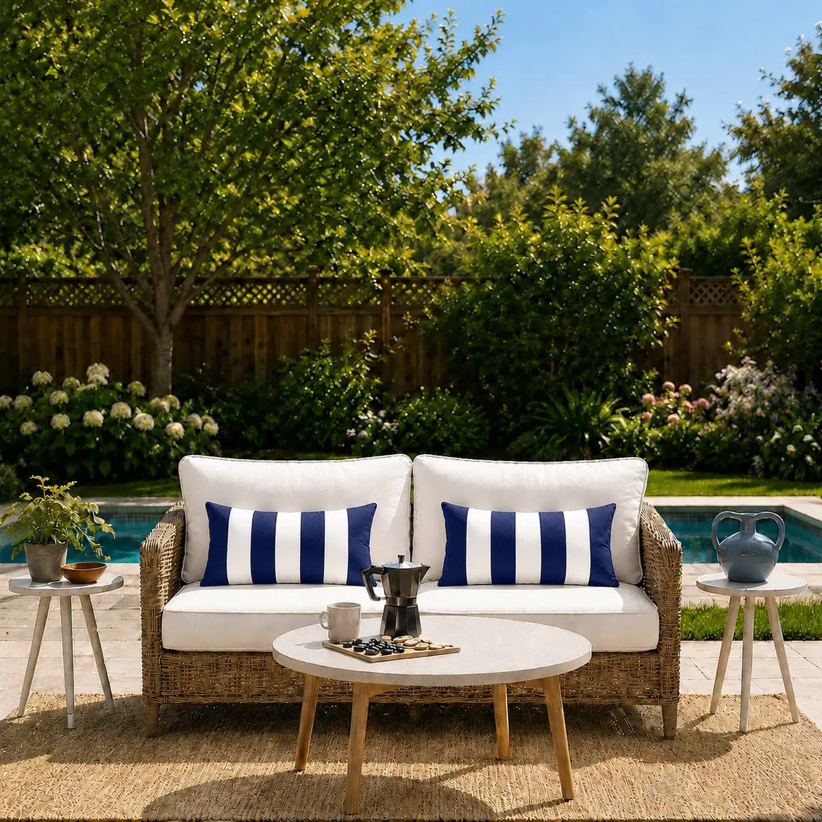 2 Pack Outdoor Lumbar Pillow Covers - Navy Blue/White Striped by HouseOfZazla