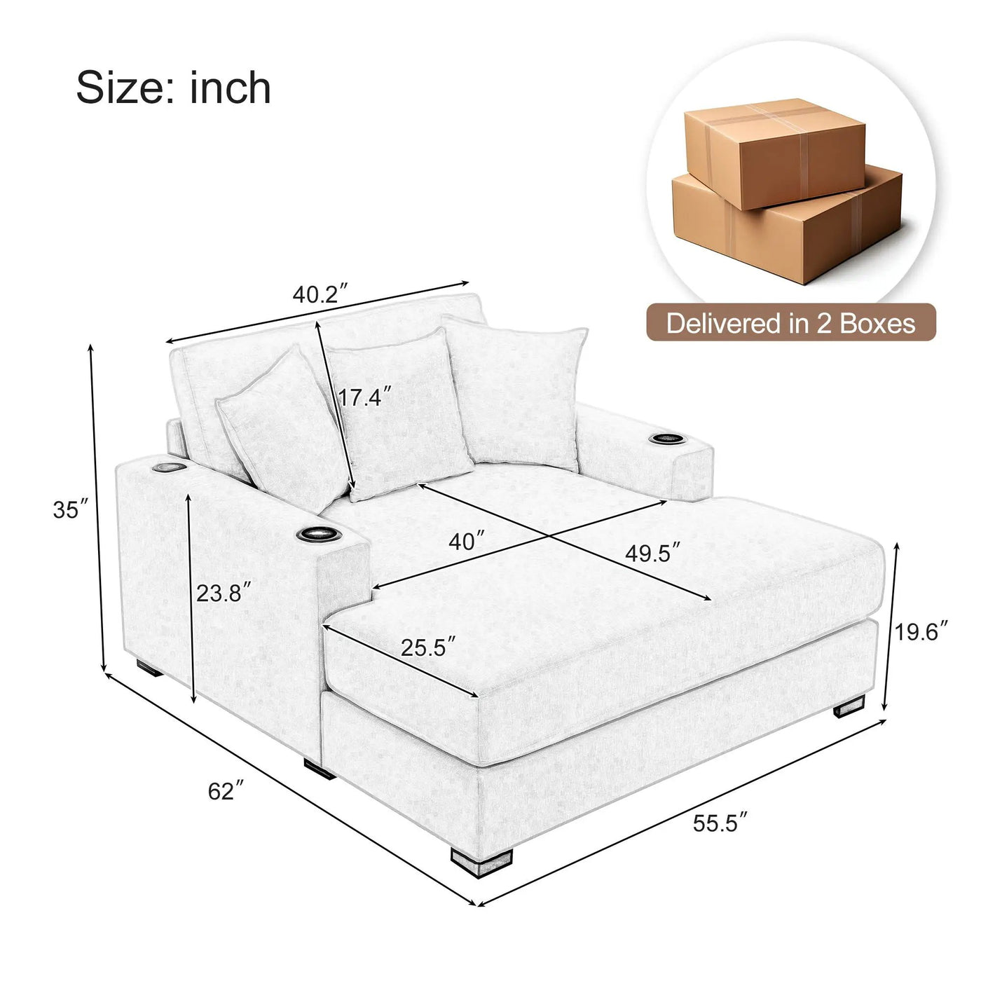 Oversized Chaise Lounger Modern Style Sofa Couch With Pillows, Charge Station & Cup Holders by HouseOfZazla