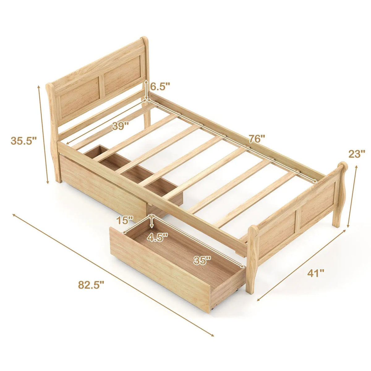 Twin Size Sleigh Bed with 2 Storage Drawers Wood Platform Bed Frame, photo 11 of 24