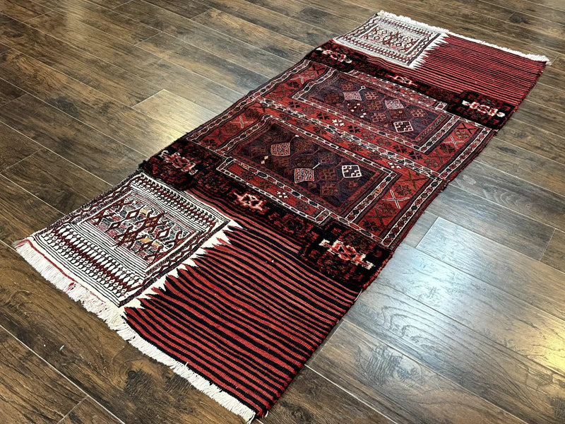 Persian Tribal Nomadic Saddle Cover Rug, Antique, Handmade, Wool, Red Ivory Black, Collectible, Shahsavan by Jewel Rugs