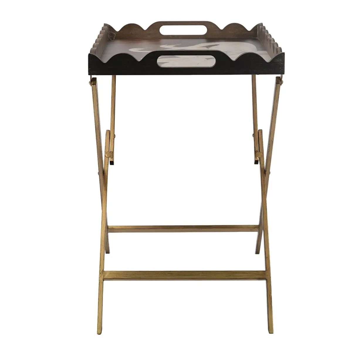 23.5x15.5x24 Brown MDF Tray Table with White Swan Motif and Iron Base by HouseOfZazla