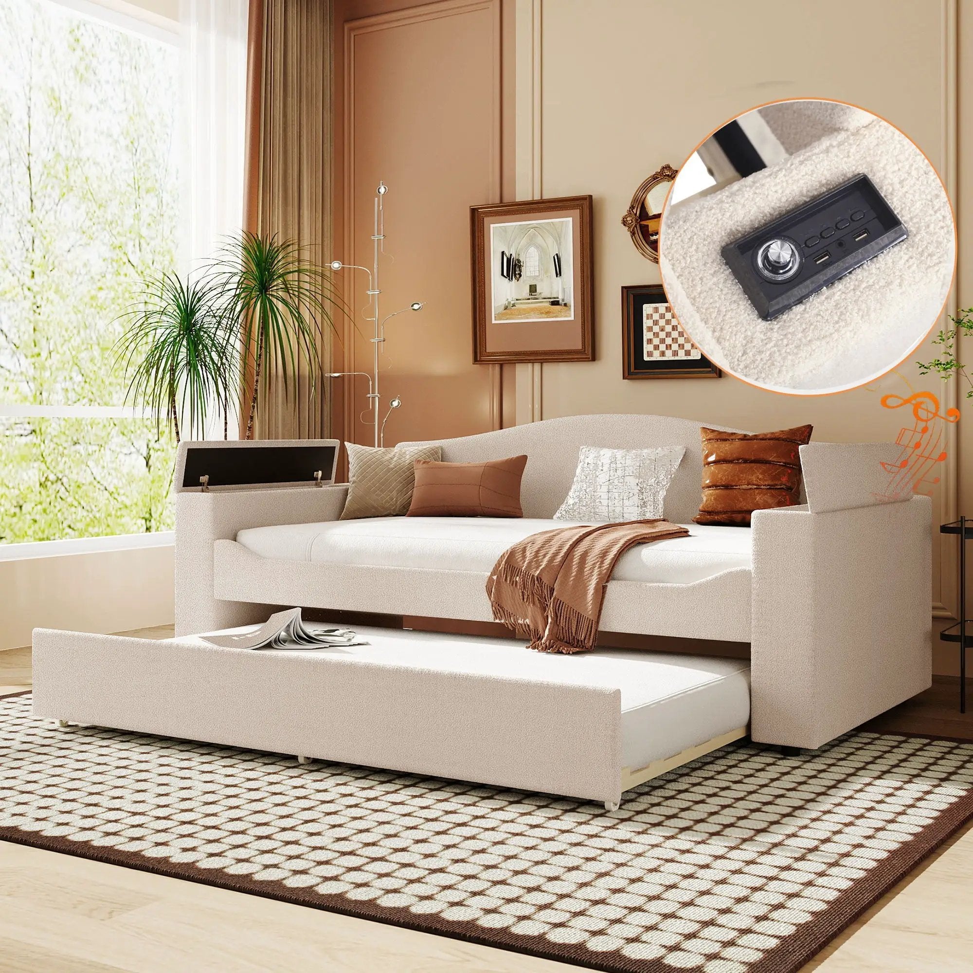 Upholstered Daybed With Storage Armrests, Trundle And Latest Integrated tooth Audio System by Unique Piece Furniture