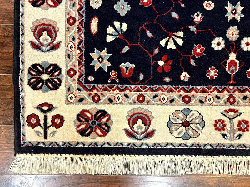 Belgium Power Loomed Rug 5.6 x 7, Navy Blue and Ivory, Heriz Pattern, Vintage Oriental Carpet by Jewel Rugs