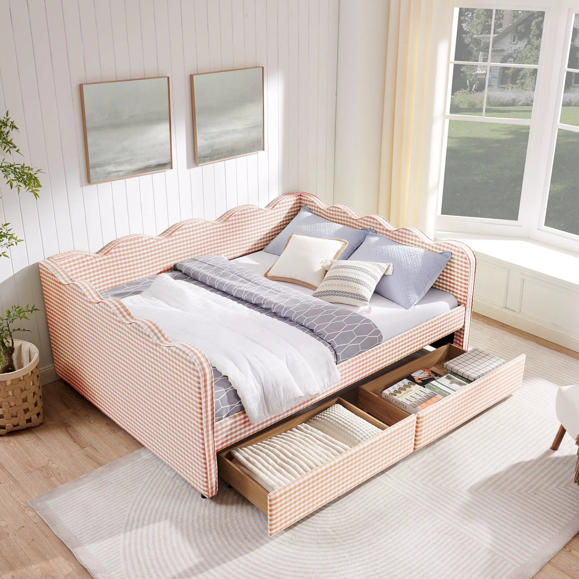 Queen Size Cozy Gingham Daybed with Two Storage Drawers and USB Port by HouseOfZazla