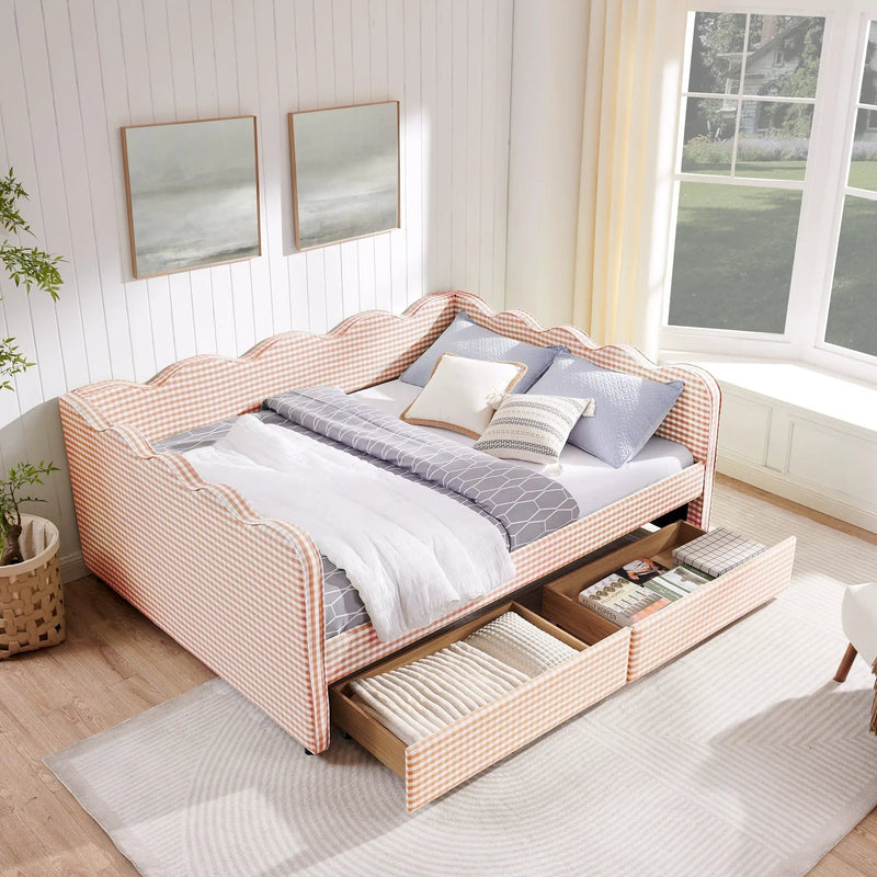 Queen Size Cozy Gingham Daybed with Two Storage Drawers and USB Port by HouseOfZazla
