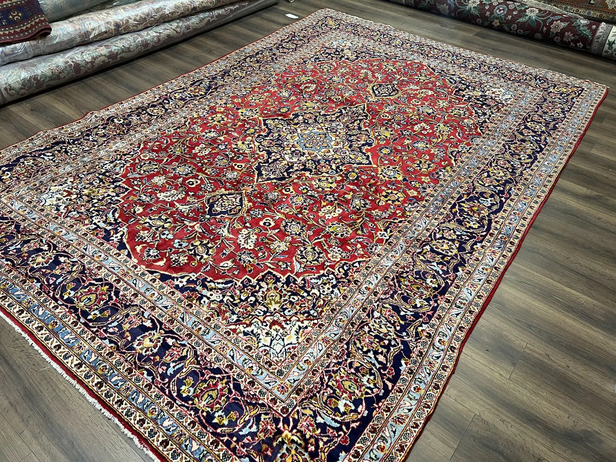 Persian Kashan Rug 9x12, Red Navy Blue, Allover Floral Medallion & Corner Design, Handmade Wool Oriental Carpet, Semi Antique Traditional Carpet by Jewel Rugs
