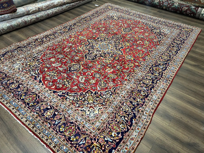 Persian Kashan Rug 9x12, Red Navy Blue, Allover Floral Medallion & Corner Design, Handmade Wool Oriental Carpet, Semi Antique Traditional Carpet by Jewel Rugs