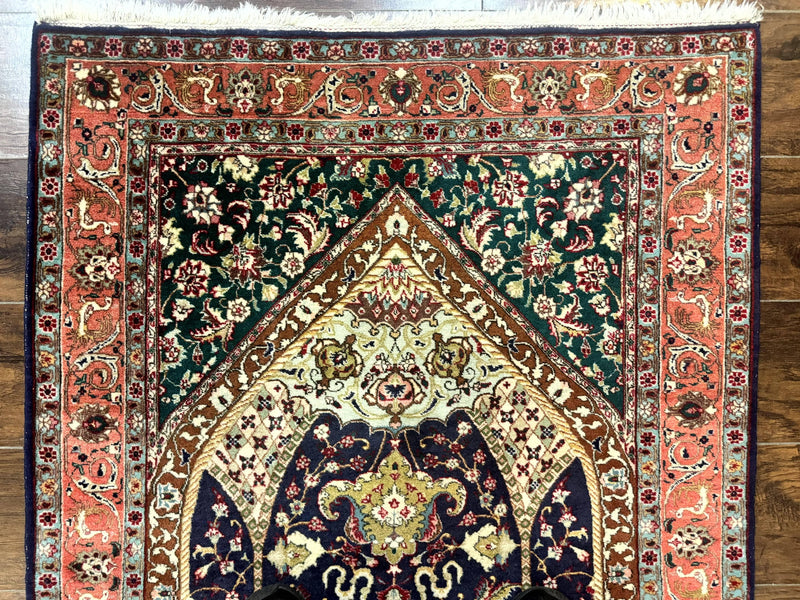 Persian Tabriz Rug 3x4, Navy Blue, Birds, Floral, Prayer Rug, Handmade Wool Rug, Finely Hand Knotted 325 KPSI by Jewel Rugs
